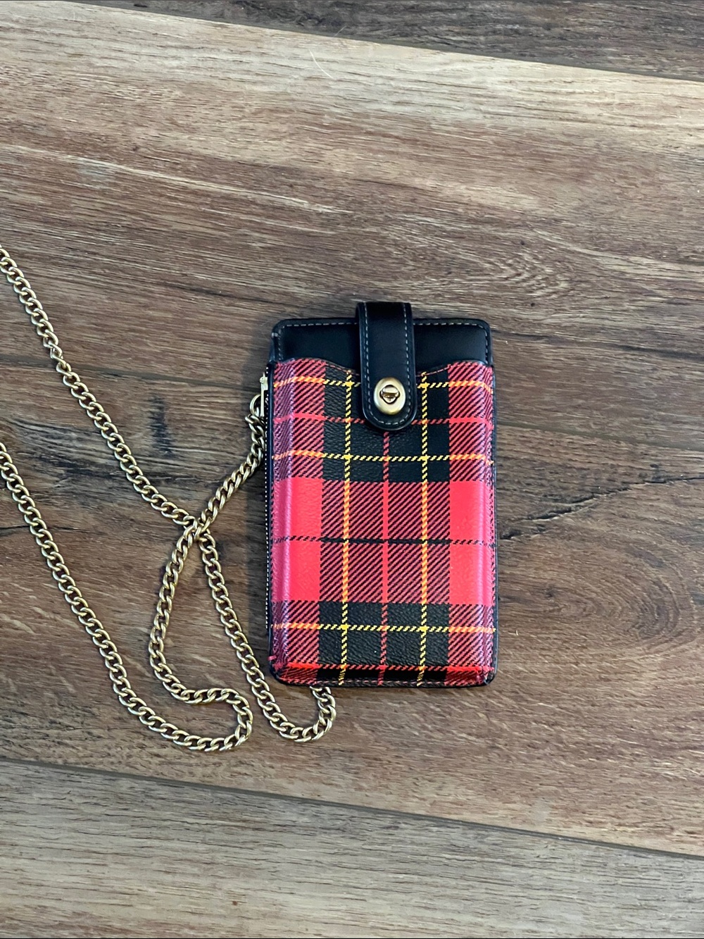 Coach Red Plaid Crossbody phone Wallet with Gold Chain